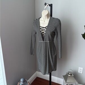 Express Black and White Striped Long Sleeve Dress